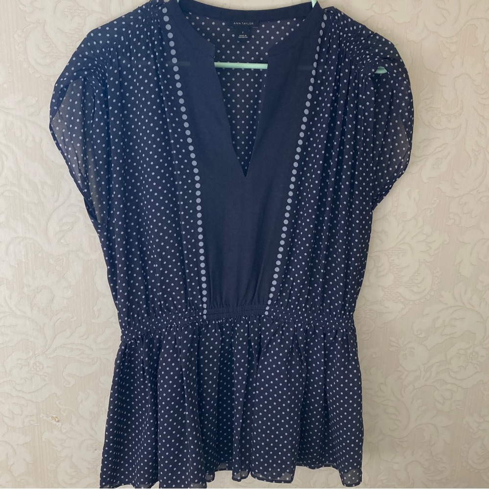 navy blue polka dot peplum blouse